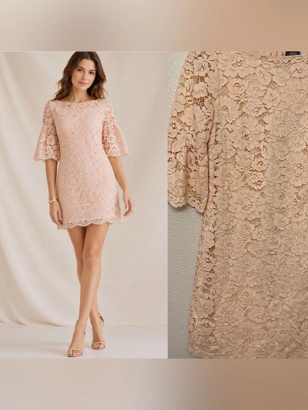 Vince Camuto Blush Pink Lace Shift Dress Bell Sleeve Scalloped Hem Size 4